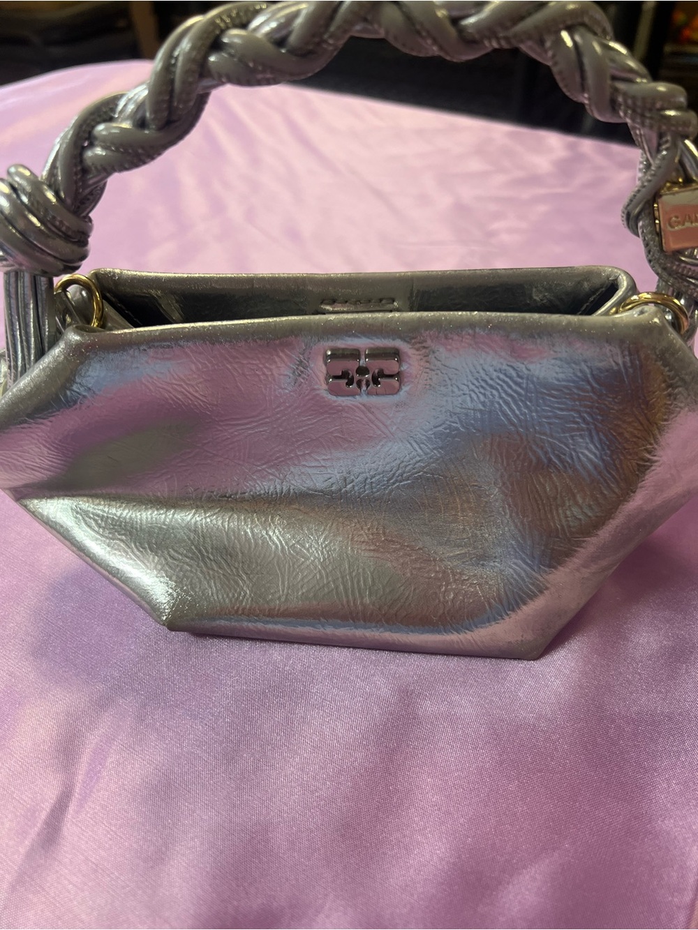 Ganni Silver Metallic Braided-Handle Mini Bag